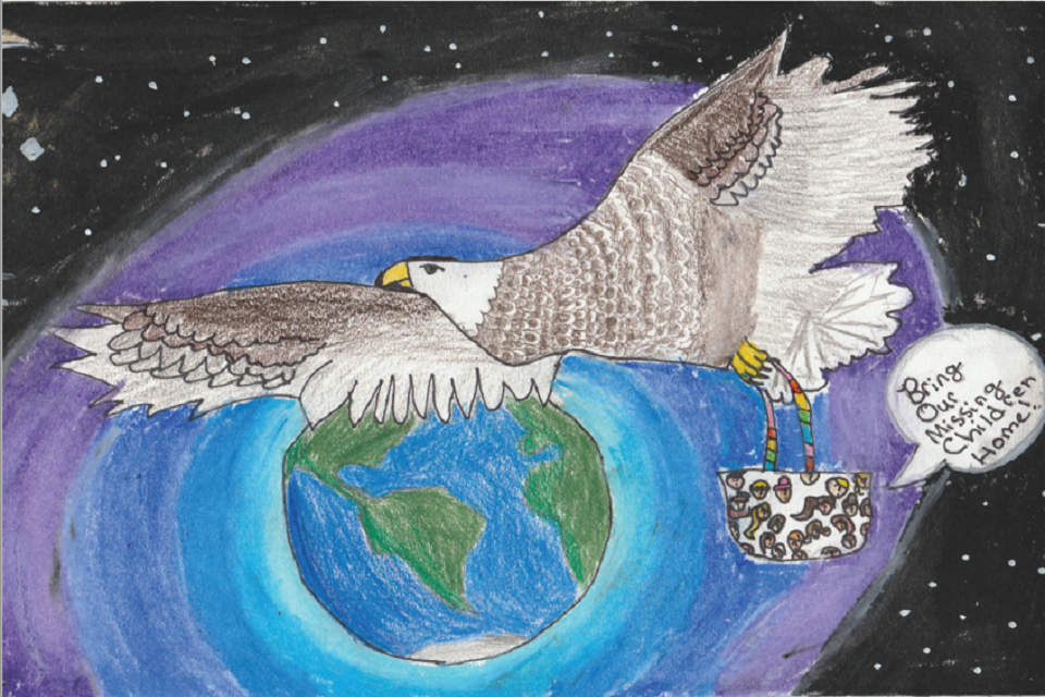 Nevada - This poster shows an eagle flying over earth bringing missing children home. Nevada - This poster shows an eagle flying over earth bringing missing children home.