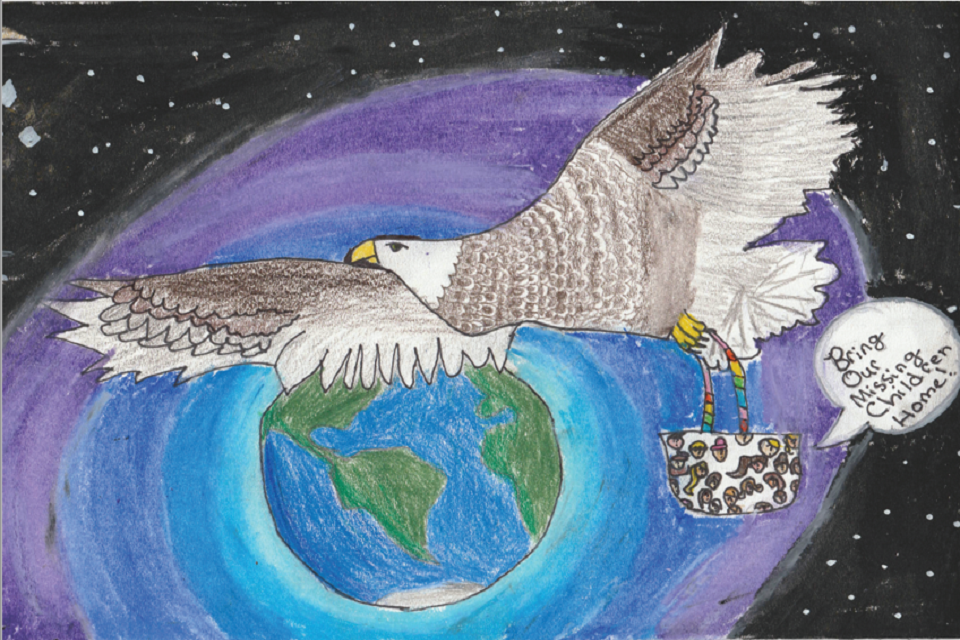 Nevada - This poster shows an eagle flying over earth bringing missing children home. 