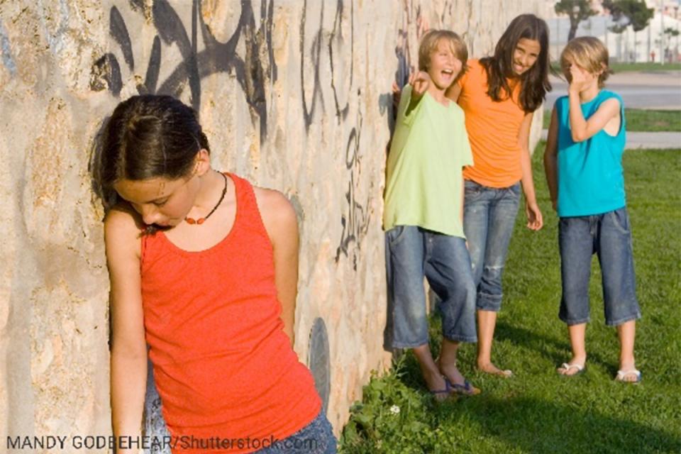 Picture of three children making fun of a girl Picture of three children making fun of a girl
