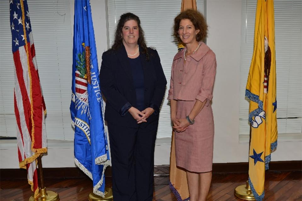 OJJDP Administrator Liz Ryan (left) was sworn in on May 16 by OJP Principal Deputy Assistant Attorney General Amy L. Solomon.