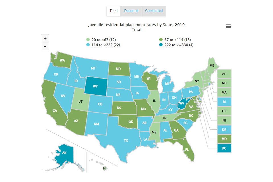 Data - US Map of Juvenile Residential Placement Rates by State, 2019