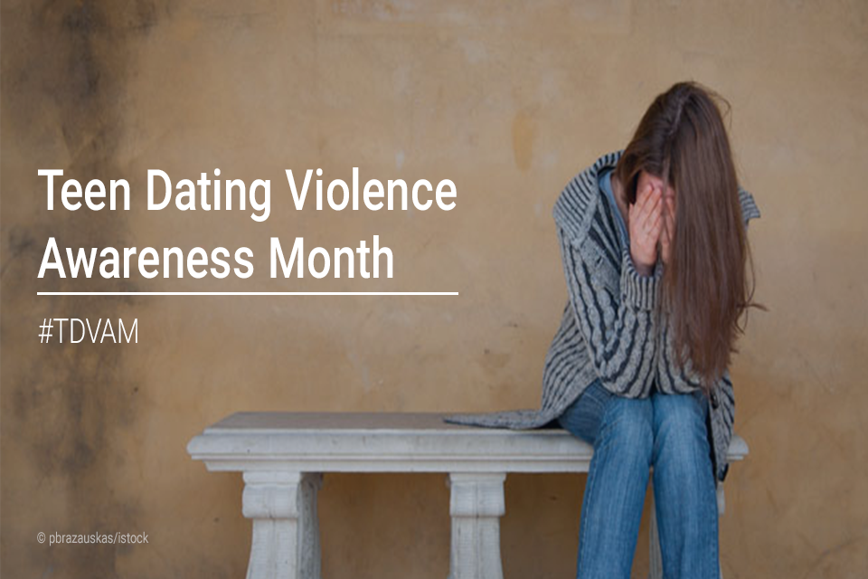 Teen Dating Violence Awareness Month #TDVAM. Picture of a girl hiding her face in her hands while sitting on a bench.