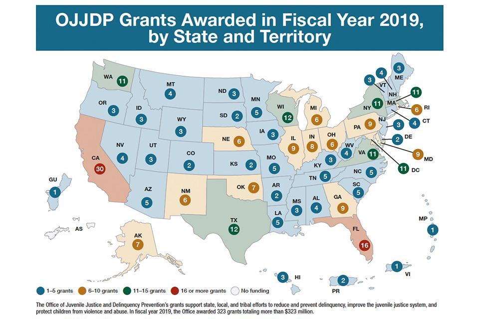 Map: OJJDP Grants Awarded in FY 19, by State and Territory