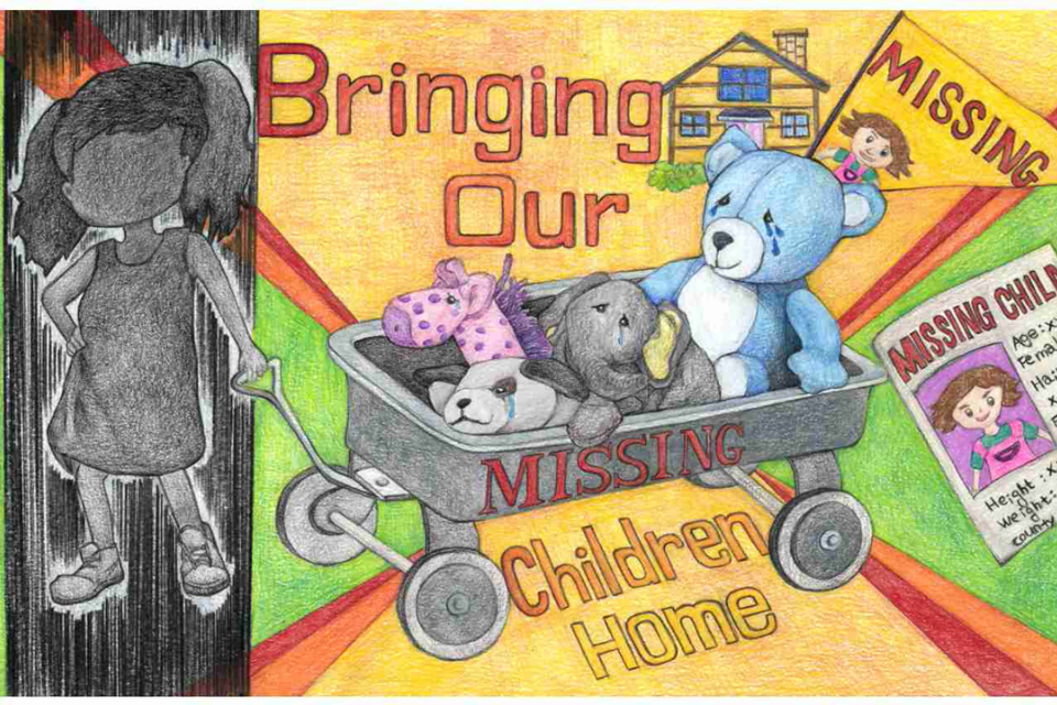 Missing child pulls a wagon and features the phrase "Bringing Our Missing Children Home"