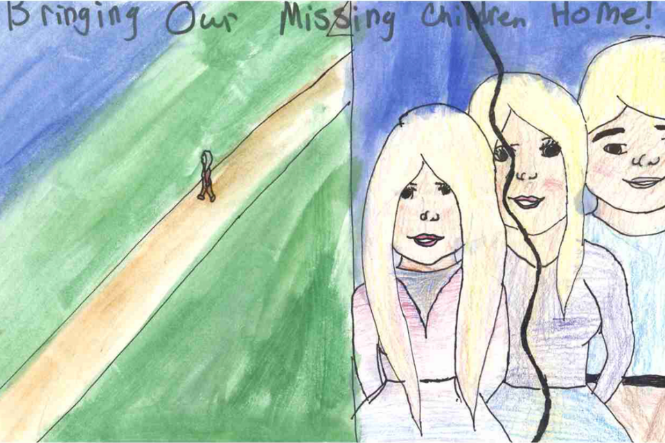 Poster of three family members split apart and a lone child walking alone along a street. Features the phrase "Bringing Our Missing Children Home"