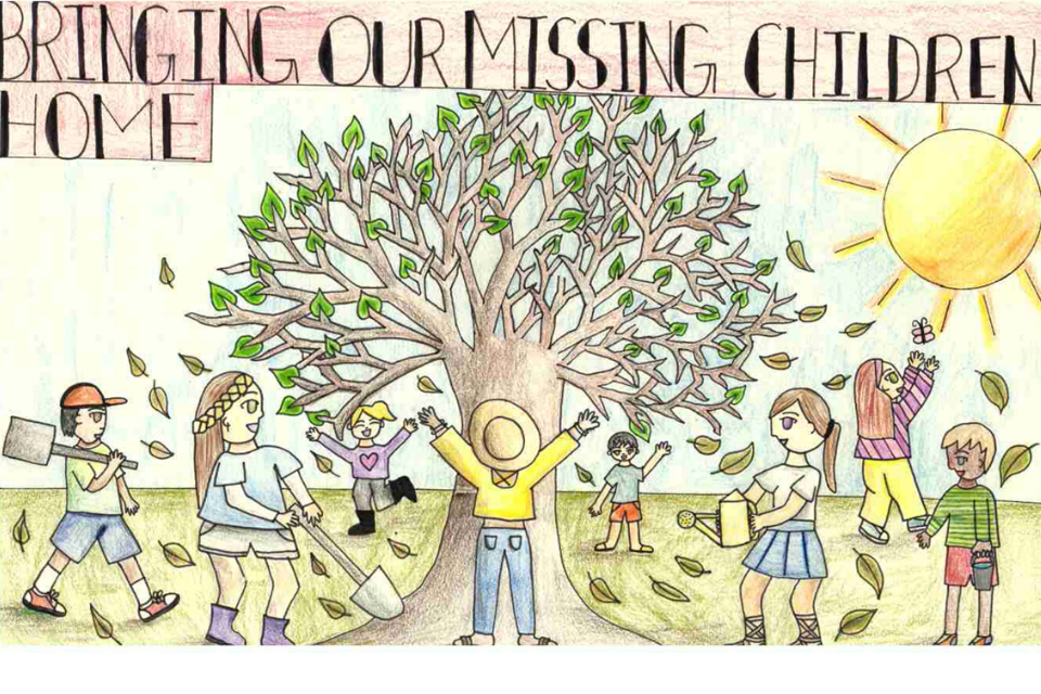 This poster has a tree with falling leaves. The falling leaves represent missing children and the leaves on the tree represent the children that are at home. The poster features the phrase "Bringing Our Missing Children Home"
