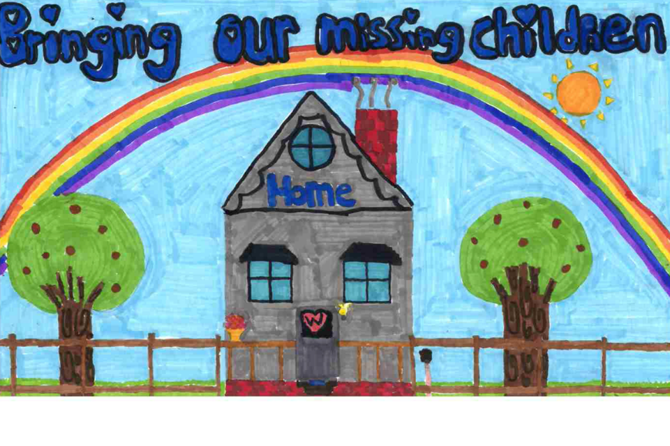 This poster features two trees that missing fliers could be placed upon. It features a home and a rainbow. This poster includes the phrase "Bringing Our Missing Children Home"