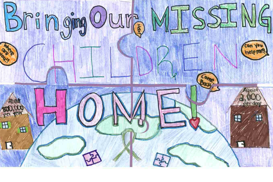 Poster includes a large earth that shows there are many missing children. Features the phrase "Bringing Our Missing Children Home"