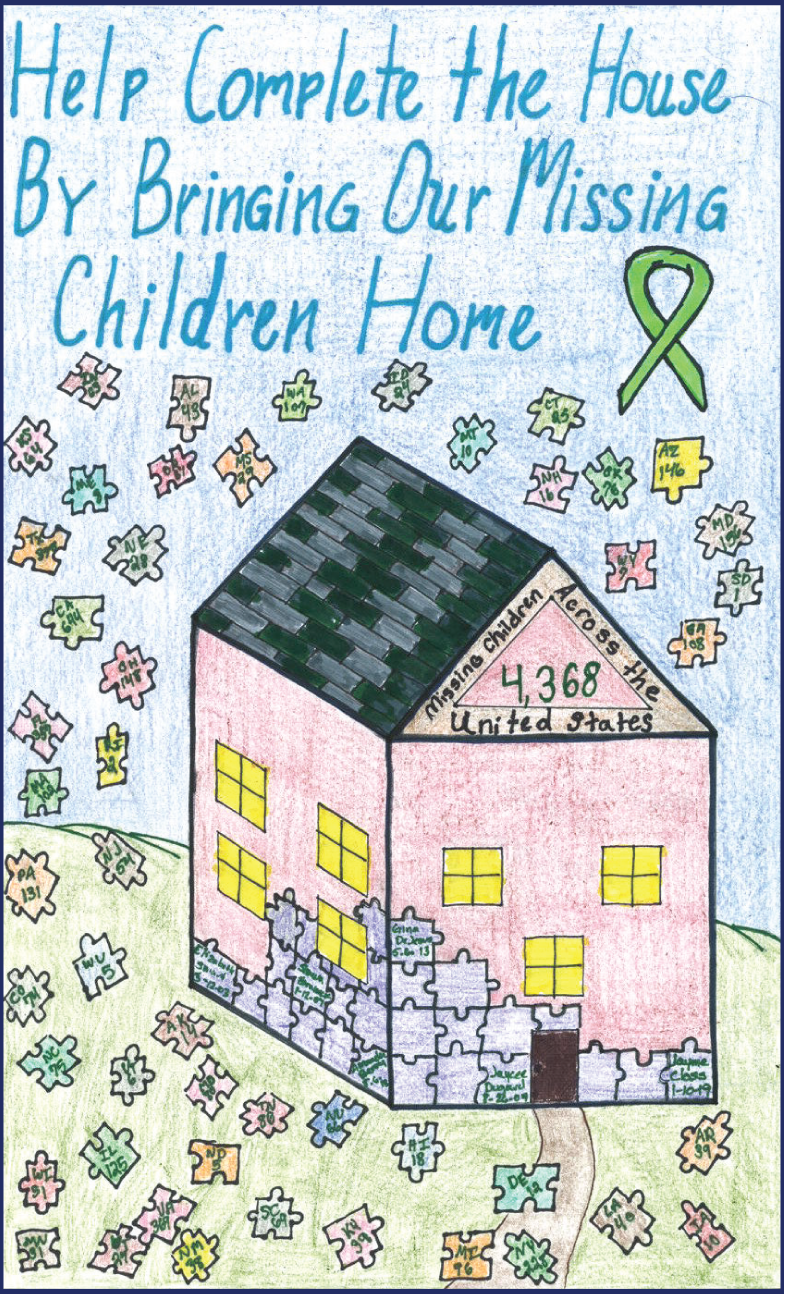 Drawing features a house made of puzzle pieces and the phrase "Help complete the house by bringing our missing children home"