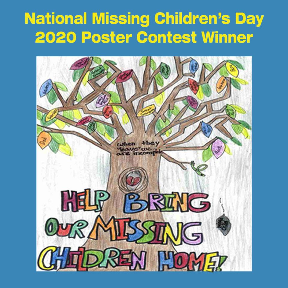 National Missing Children's Day 2020 Poster Contest Winning Poster. Features a mighty oak tree with names of family members and the tagline "Bring Our Missing Children Home"