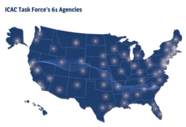 Map of the United States showing locations of the 61 ICAC task force agencies.