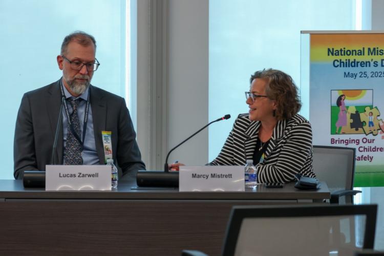 On left, Lucas Zarwell, Office Director of the Office of Investigative and Forensic Sciences at the National Institute of Justice, participated in the panel. Marcy Mistrett, Senior Policy Advisory at OJJDP, facilitated the panel. 