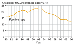Eight charts showing juvenile arrest rate for murder, forcible rape, robbery, aggravated assault, burglary, larceny-theft, motor vehicle theft, and arson, 1980�2004.