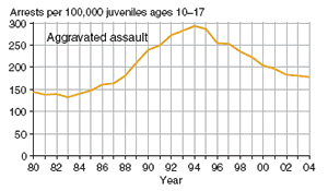 Eight charts showing juvenile arrest rate for murder, forcible rape, robbery, aggravated assault, burglary, larceny-theft, motor vehicle theft, and arson, 1980�2004.