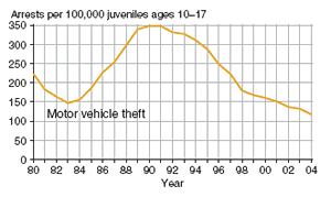 Eight charts showing juvenile arrest rate for murder, forcible rape, robbery, aggravated assault, burglary, larceny-theft, motor vehicle theft, and arson, 1980�2004.