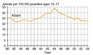 Eight charts showing juvenile arrest rate for murder, forcible rape, robbery, aggravated assault, burglary, larceny-theft, motor vehicle theft, and arson, 1980�2004.
