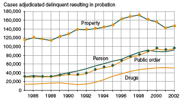 Figure showing number of cases adjudicated delinquent and resulting in probation between 1985 and 2002 by person, property, drug, and public order offenses.