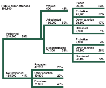 Flowchart showing the disposition of 409,800 juvenile public order offense cases in 2002.
