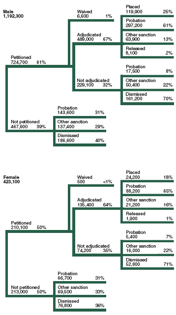 Flowchart showing the disposition of 1,192,300 delinquency cases for male juveniles and 423,100 delinquency cases for female juveniles in 2002.