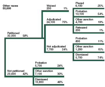 Flowchart showing the disposition of 55,600 delinquency cases for youth of other races in 2002.
