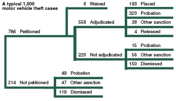 Flowchart showing the disposition of a typical 1,000 juvenile motor vehicle theft cases in 2002.