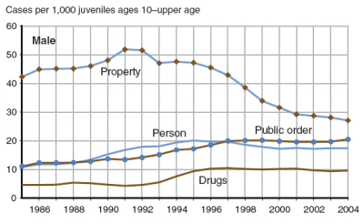 Figure showing male juvenile (ages 10-upper age) delinquency case rates for person, property, drug, and public order offenses from 1985 through 2004.