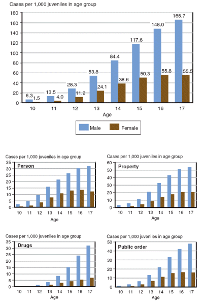 Five figures showing  delinquency case rates by offense category, age, and gender, 2004.