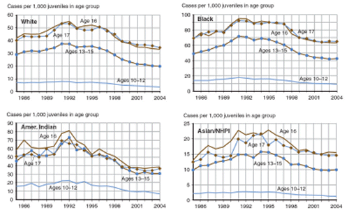 Four figures showing property offense case rates by age and racial group (white youth, black youth, American Indian youth, and Asian/NHPI from 1986 through 2004.