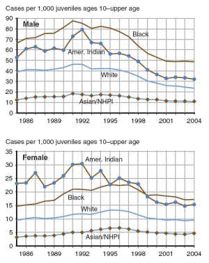 two figures showing property offense case rates by male and female from 1986 through 2004.