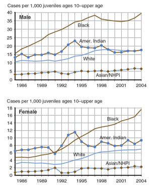 two figures showing Public order offense case rates by male and female from 1986 through 2004.