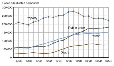 Figure showing cases adjudicated delinquent for person, property, drug, and public order offenses between 2000 and 2004.