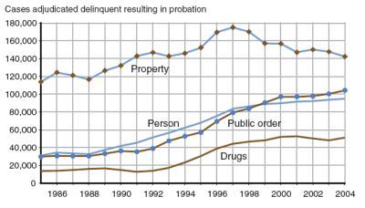 Figure showing number of cases adjudicated delinquent and resulting in probation between 1985 and 2004 by person, property, drug, and public order offenses.