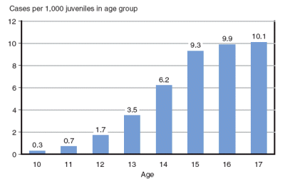 Graph showing delinquency case rates increase with the referral age of the juvenile in 2004.