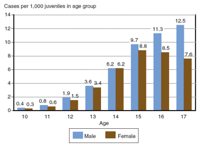 6 graphs showing gender and age groups of status offenders in 2004