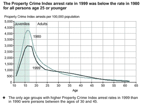 The Property Crime Index arrest rate in 1999 was below the rate in 1980 for all persons age 25 or younger