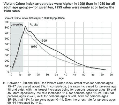 Violent Crime Index arrest rates were higher in 1999 than in 1980 for all adult age groups--for juveniles, 1999 rates were nearly at or below the 1980 rates
