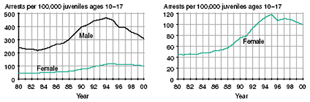 Eight line graphs showing male and female arrests for aggravated assault, other (simple) assault, weapons violations, and drug abuse violations per 100,000 juveniles ages 1017 in 19802000.