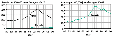 Eight line graphs showing male and female arrests for aggravated assault, other (simple) assault, weapons violations, and drug abuse violations per 100,000 juveniles ages 1017 in 19802000.