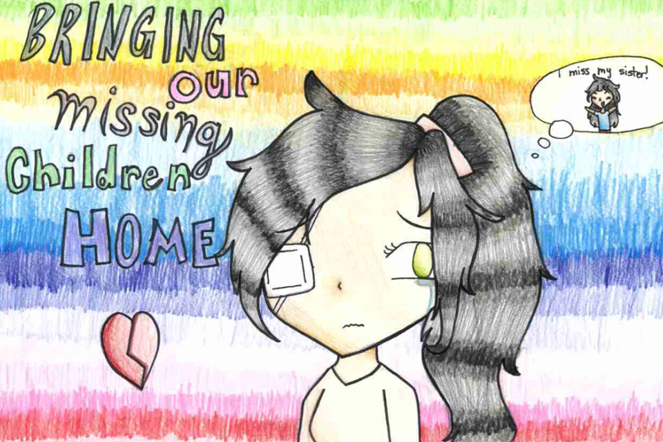 Poster of a crying child who misses her sister. Features the phrase "Bringing Our Missing Children Home"