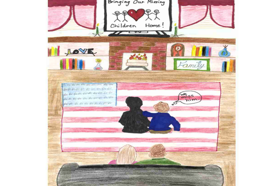 Poster of parents sitting on a sofa missing their child. Features the Phrase "Bringing Our Missing Children Home"