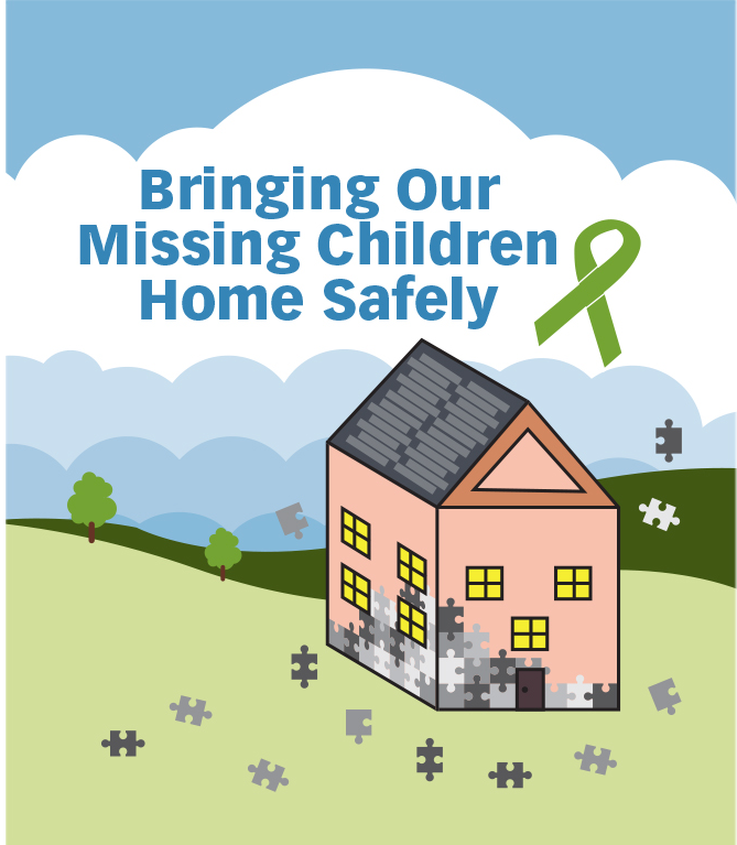 This poster reads Bringing Our Missing Children Home Safely and pictures a red house made up of puzzle pieces. 