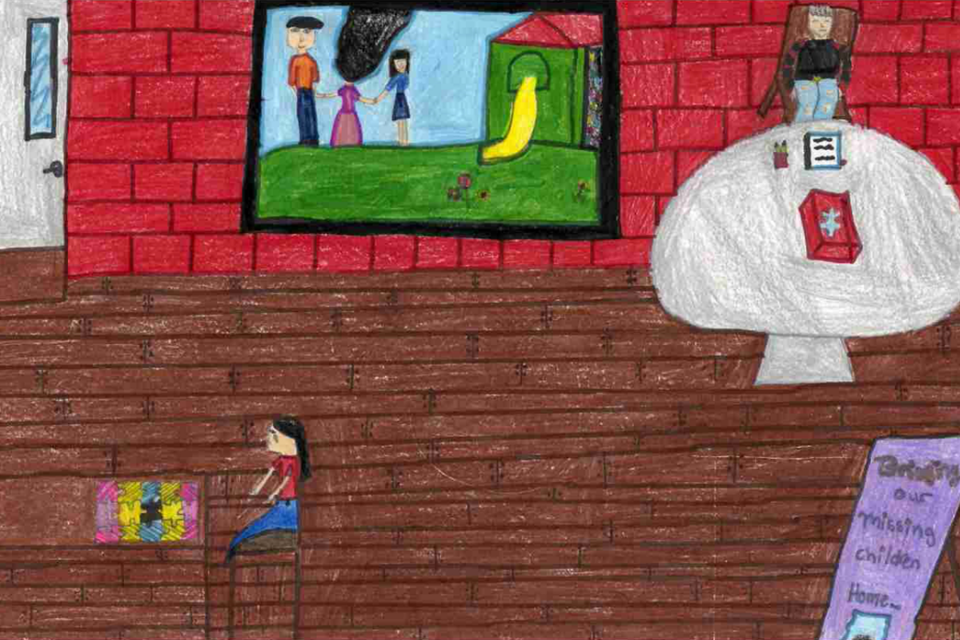 Poster shows a girl working on a puzzle missing one piece and a sad boy drawing. Features the phrase "Bringing our missing children home"