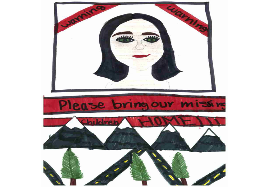 Poster includes roads and a missing child poster. Features the phrase "Please bring our missing children home!!!"