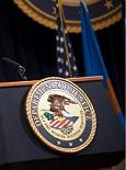 A photo of the podium in the Great Hall at the Department of Justice.
